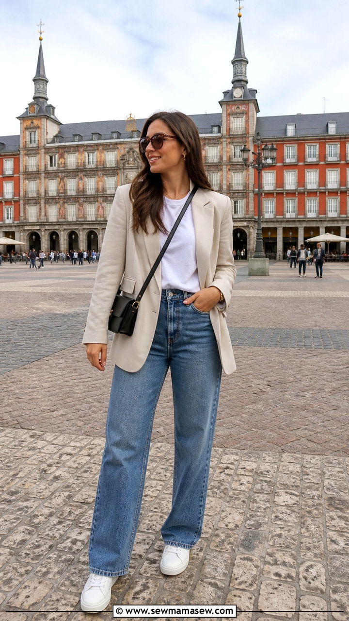 Relaxed white tee with a light blazer and straight leg jeans - 40 What to wear in Madrid