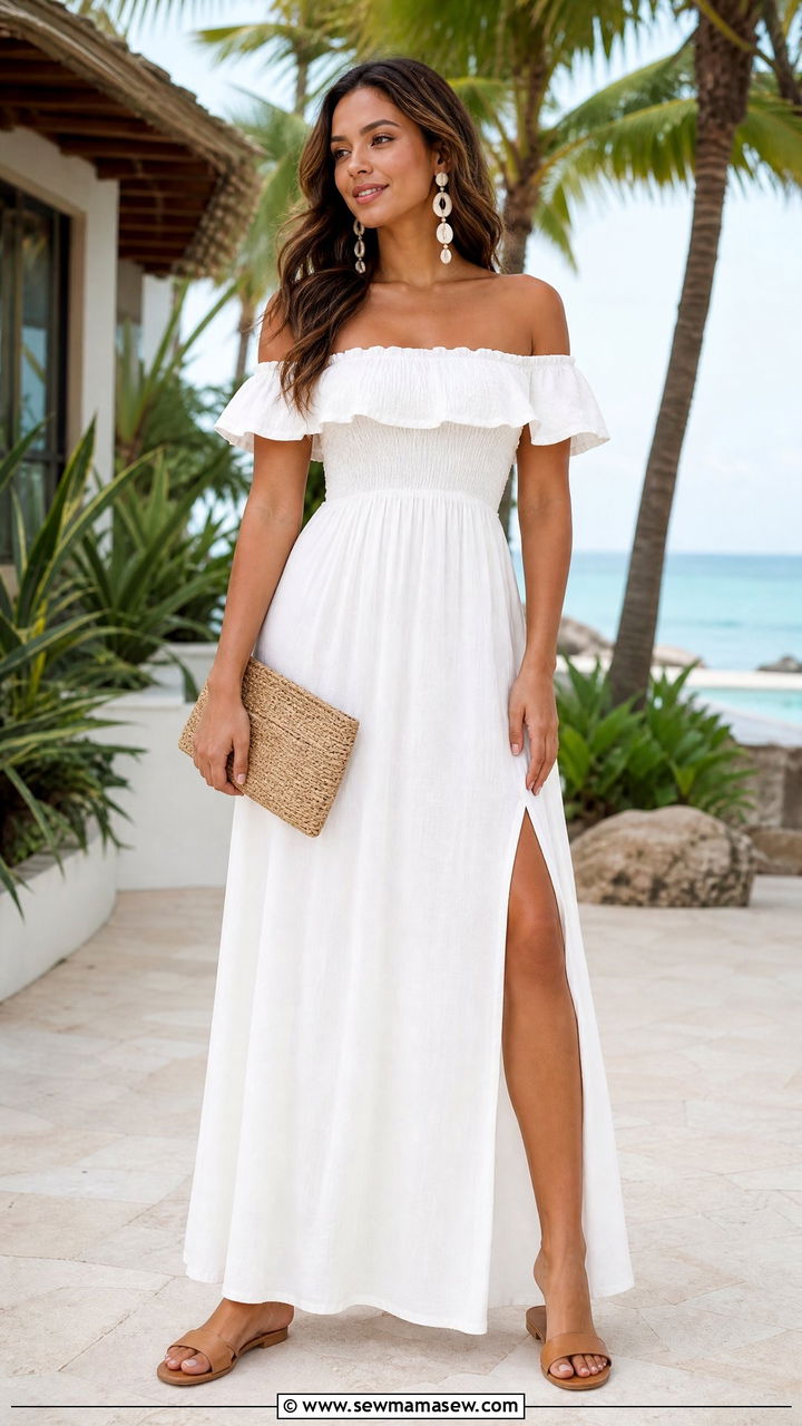 Resort off shoulder maxi dress outfit for pear shape - 25 Travel outfits for pear shape
