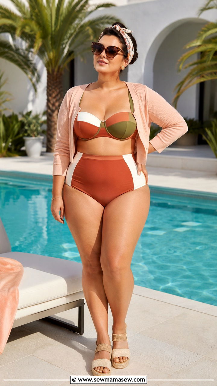 Retro High Waisted Bikini With Oversized Cat Eye Sunglasses - 30 plus size beach vacation outfit ideas