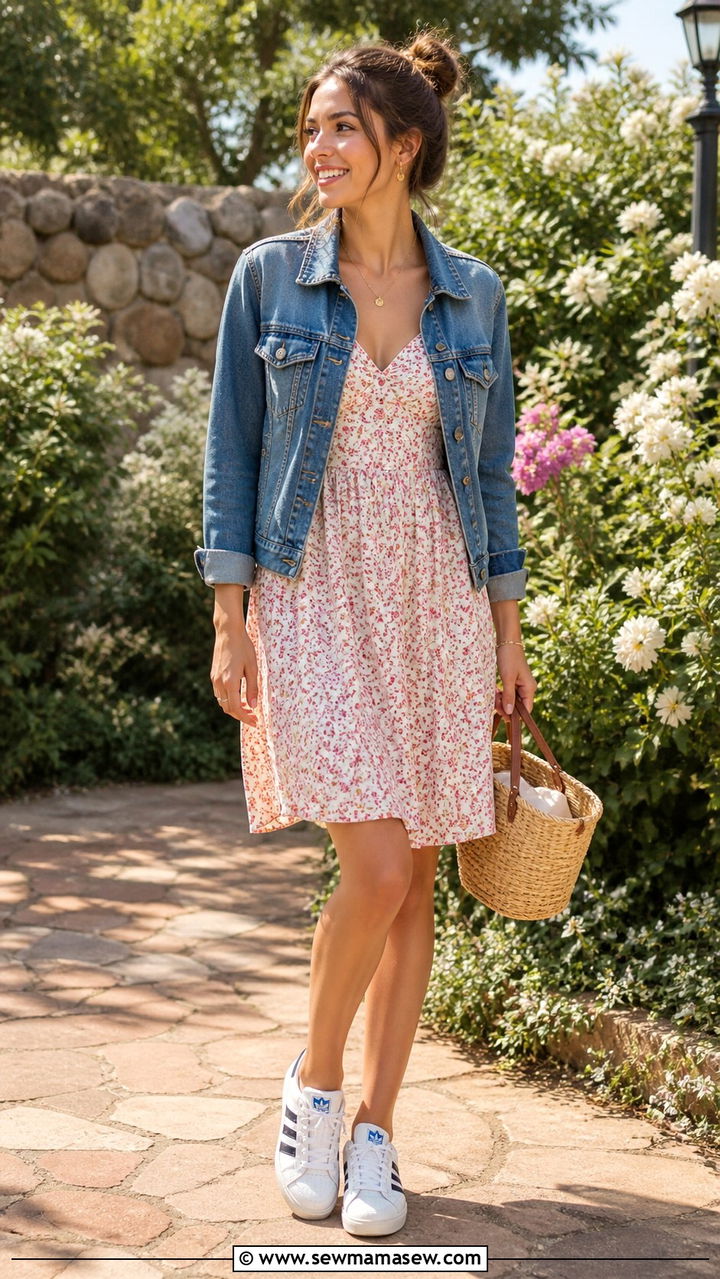 Retro Sneakers with Denim Jacket and Sundress - 40 casual sneaker outfits