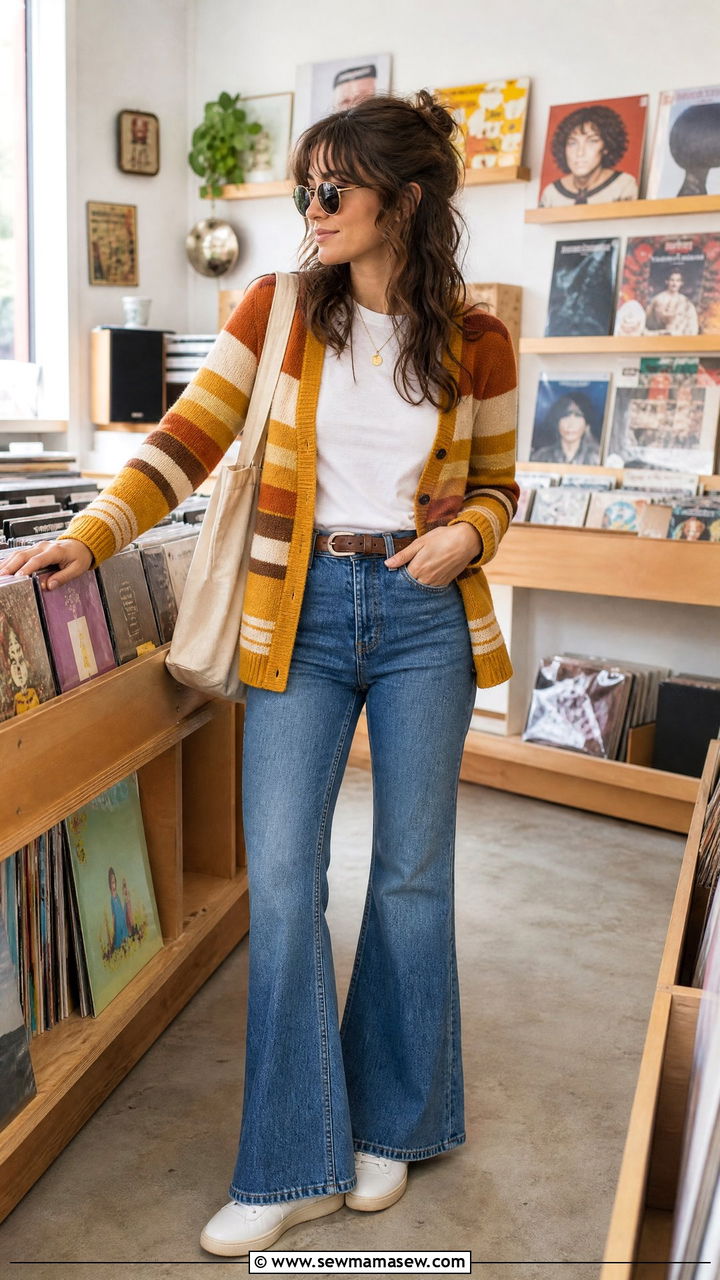 Retro Stripe Cardigan with Flare Jeans and Sneakers - 30 Flare jeans outfit ideas with a cardigan