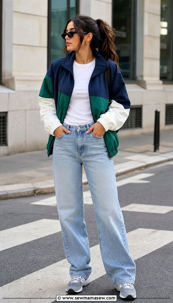 Retro Track Jacket and Jeans Outfit - 25 Sporty chic outfit ideas running