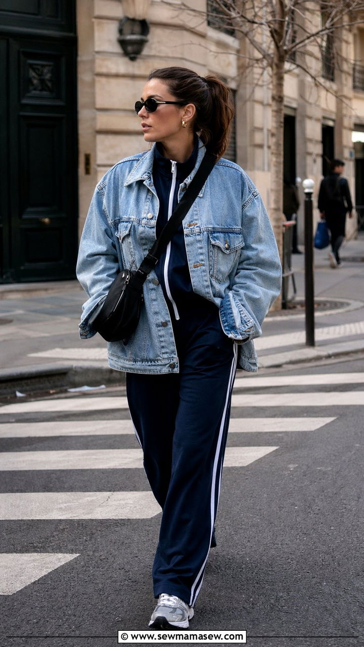 Retro Tracksuit with a Denim Jacket Layered Over - 35 Athleisure outfit ideas