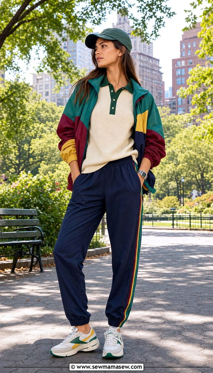 Retro Windbreaker With Knit Polo and Track Pants - 25 Eclectic grandpa outfit ideas
