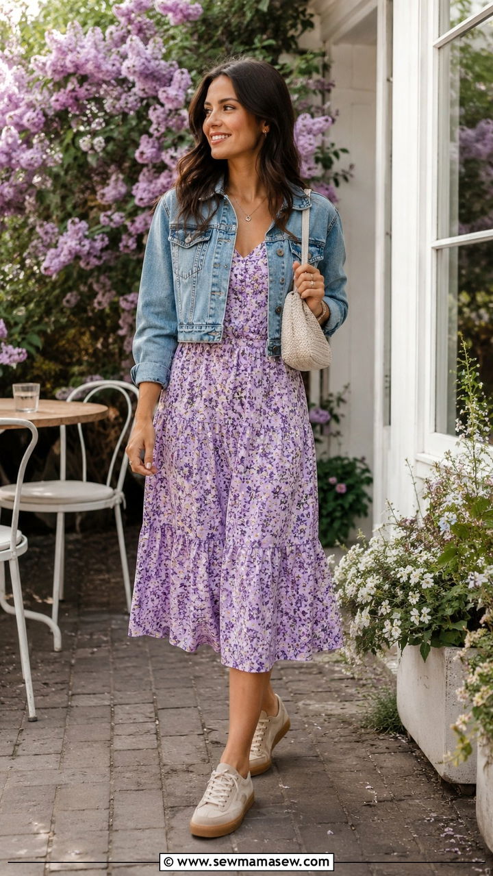 Retro sneakers with denim jacket and floral dress - 30 spring sneaker outfit ideas