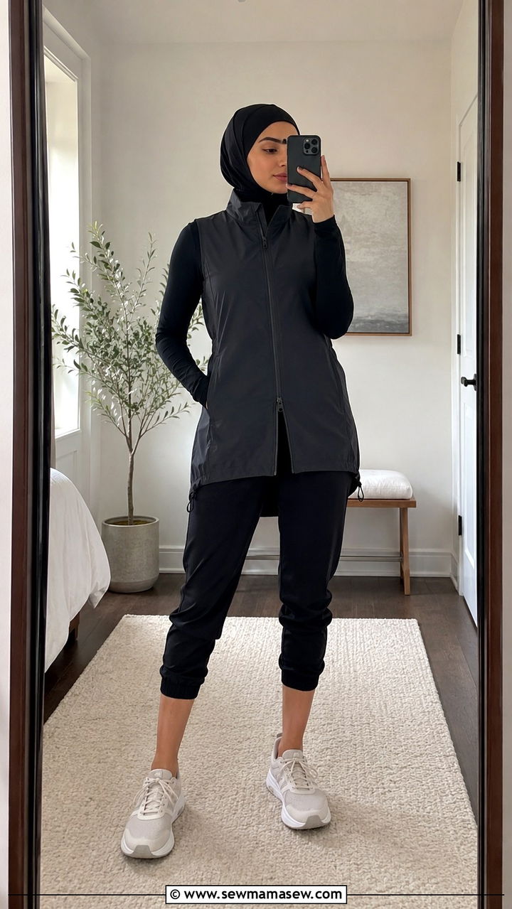 Retro stripe track jacket with straight leg track pants and classic sports hijab - 25 Modest running outfit ideas with hijab