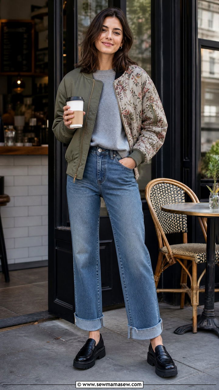 Reversible Bomber with Raw Hem Jeans and Platform Loafers - 30 How to style a bomber jacket