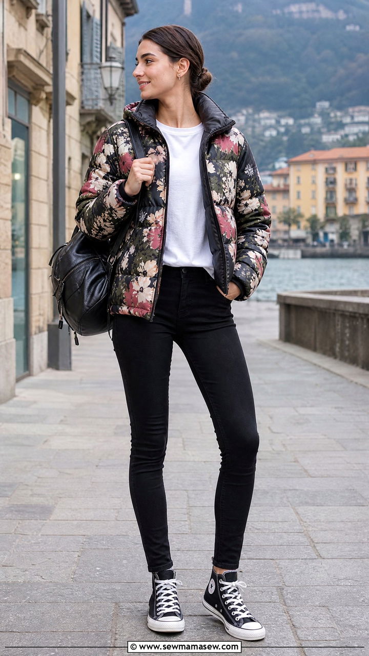 Reversible printed puffer with black skinny jeans - 25 Spring outfits with puffer jacket