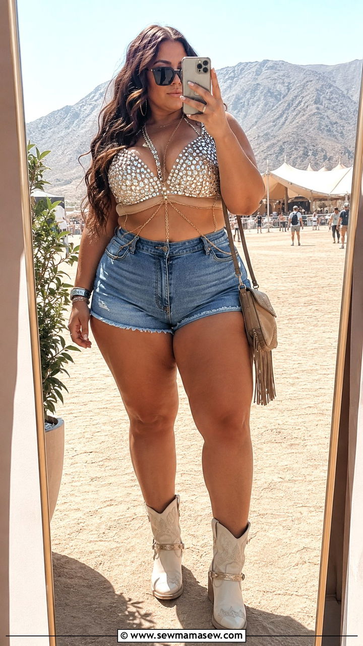 Rhinestone Embellished Crop Top With High Waisted Stretch Denim Shorts - 30 Plus size outfit ideas for festival