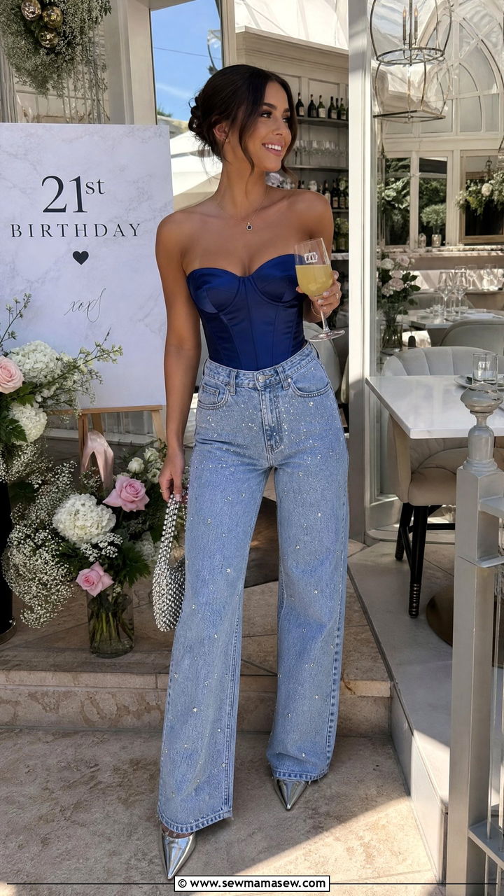 Rhinestone denim and satin corset top - 20 21st birthday outfit ideas