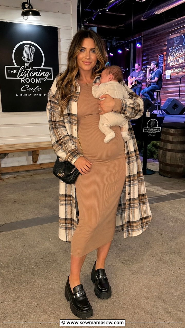 Ribbed Bodycon Midi Dress With Longline Shacket Postpartum Evening Outfit - 25 Postpartum first night out outfit ideas