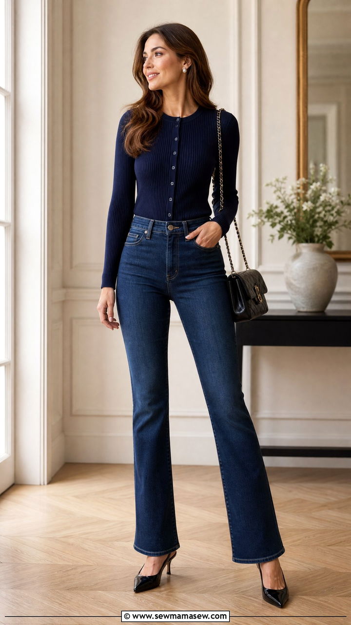Ribbed Cardigan with Flare Jeans and Slingback Heels - 30 Flare jeans outfit ideas with a cardigan