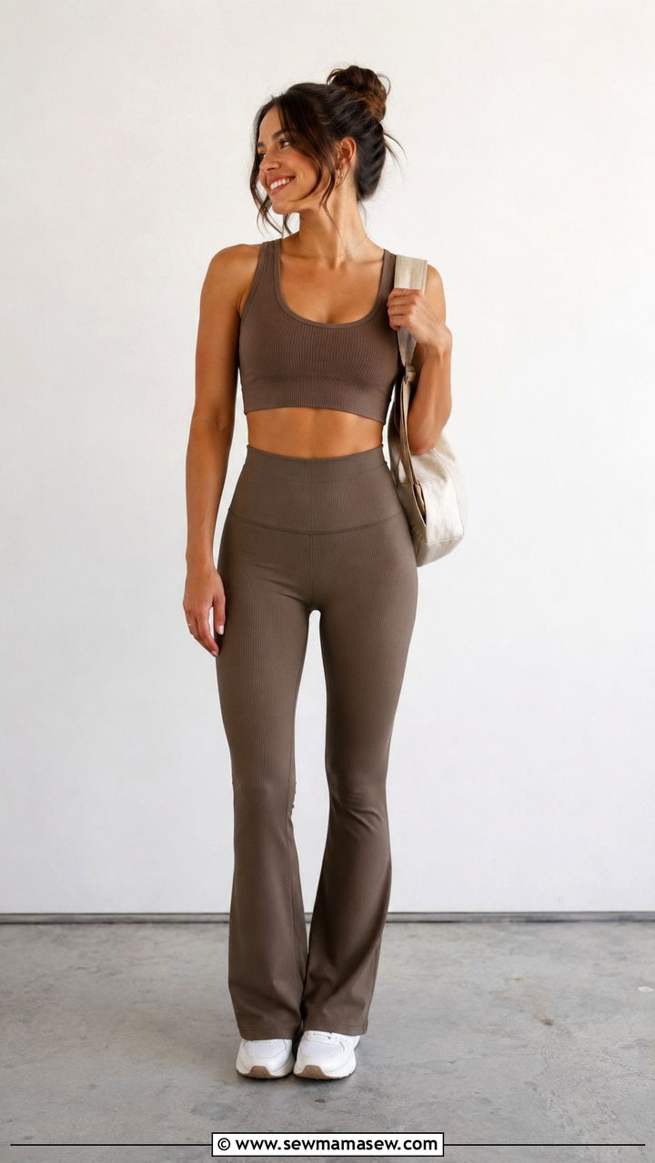 Ribbed Crop Tank And Flared Leggings Outfit - 30 Spin class outfit ideas