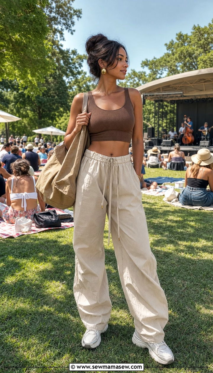 Ribbed Crop Top with Parachute Pants and Chunky Sneakers - 25 concert outfits 2026
