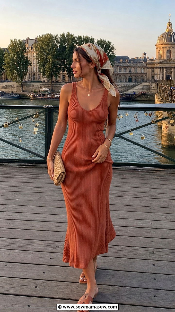 Ribbed Dress with Flat Sandals and Headscarf - 40 summer parisian outfits
