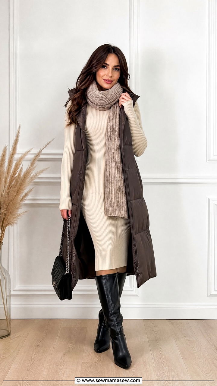 Ribbed Knit Bodycon Dress With Fleece Lined Tights And Knee High Boots - 30 Bodycon dress outfit ideas with tights