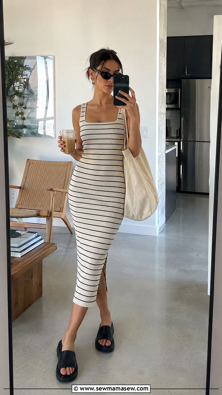 Ribbed Knit Bodycon Midi Dress With Cat Eye Sunglasses And Tote - 20 Midi dress summer 2026 outfit ideas
