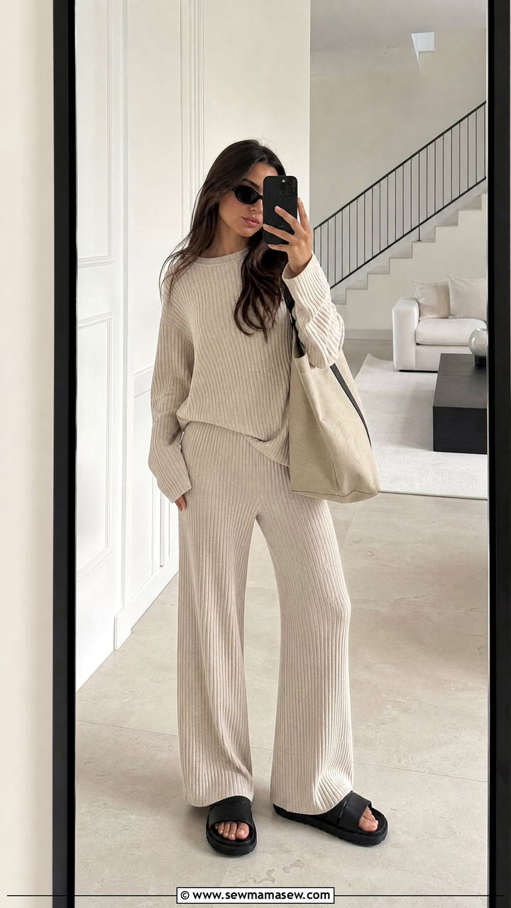 Ribbed Knit Co Ord Loungewear Set With Chunky Slides - 25 Loungewear co-ord set outfit ideas
