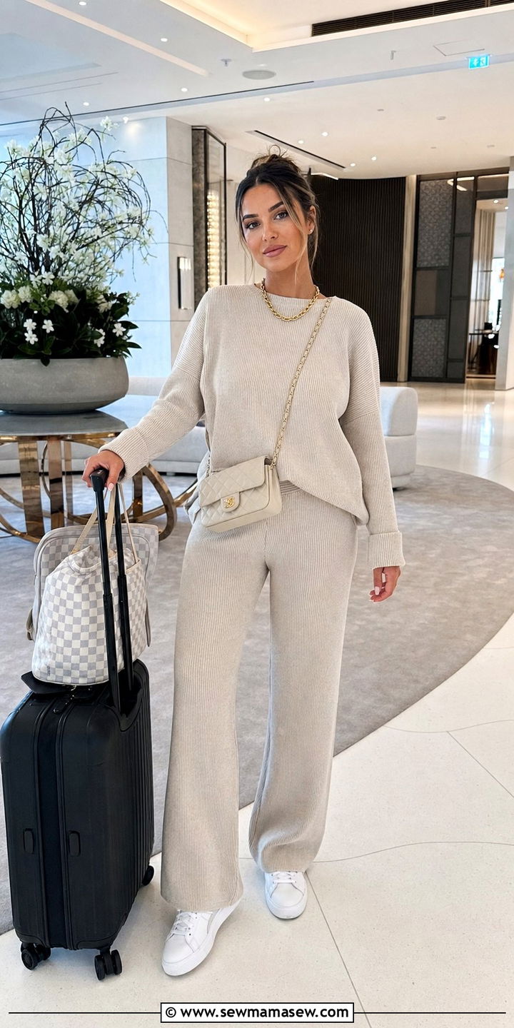 Ribbed Knit Co Ord Set and Sneakers Travel Outfit - 25 Clean girl travel outfit ideas