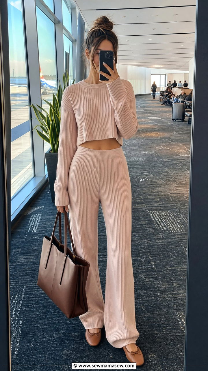 Ribbed Knit Co Ord Set with Ballet Flats - 30 Coord set outfit ideas for airport