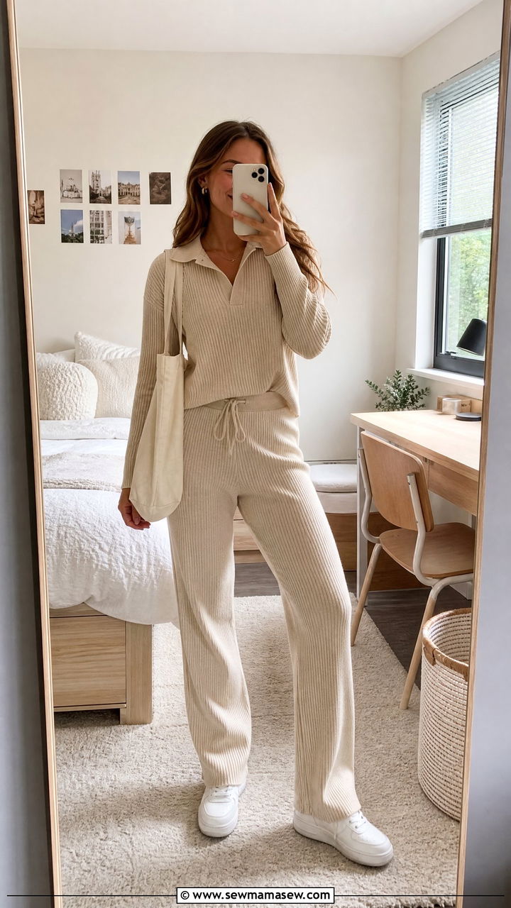 Ribbed Knit Co Ord Set with White Sneakers Graduation Look - 25 Graduation photo shoot outfit ideas
