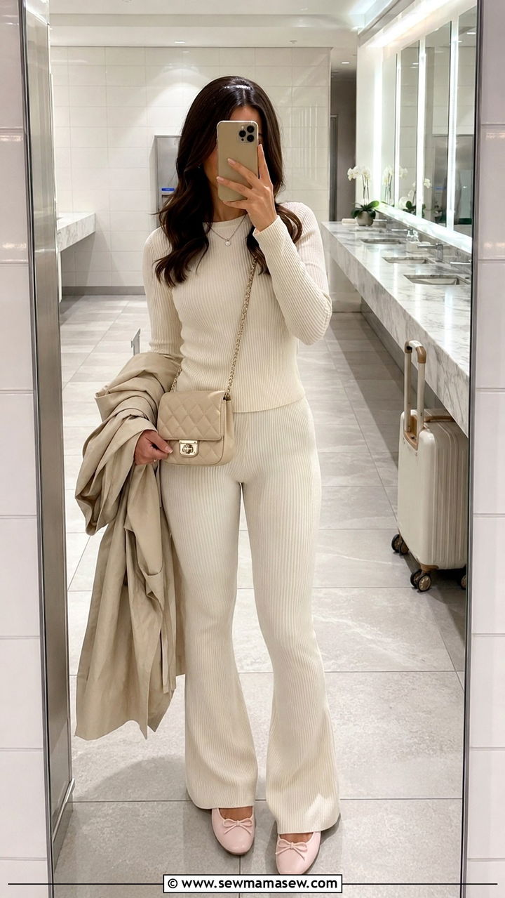 Ribbed Knit Co Ord With Ballet Flats Airport Outfit - 25 Airport outfit ideas with matching set