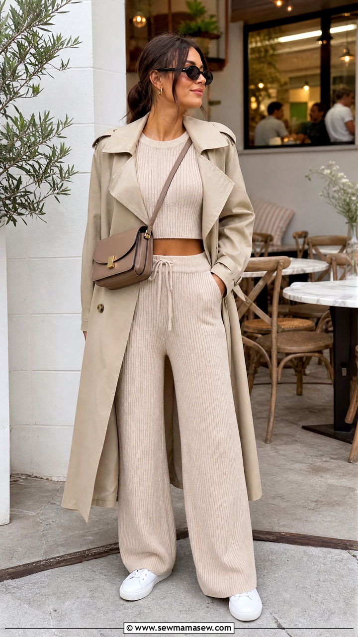 Ribbed Knit Co ord Set with Clean Sneakers - 30 Girls brunch outfit ideas