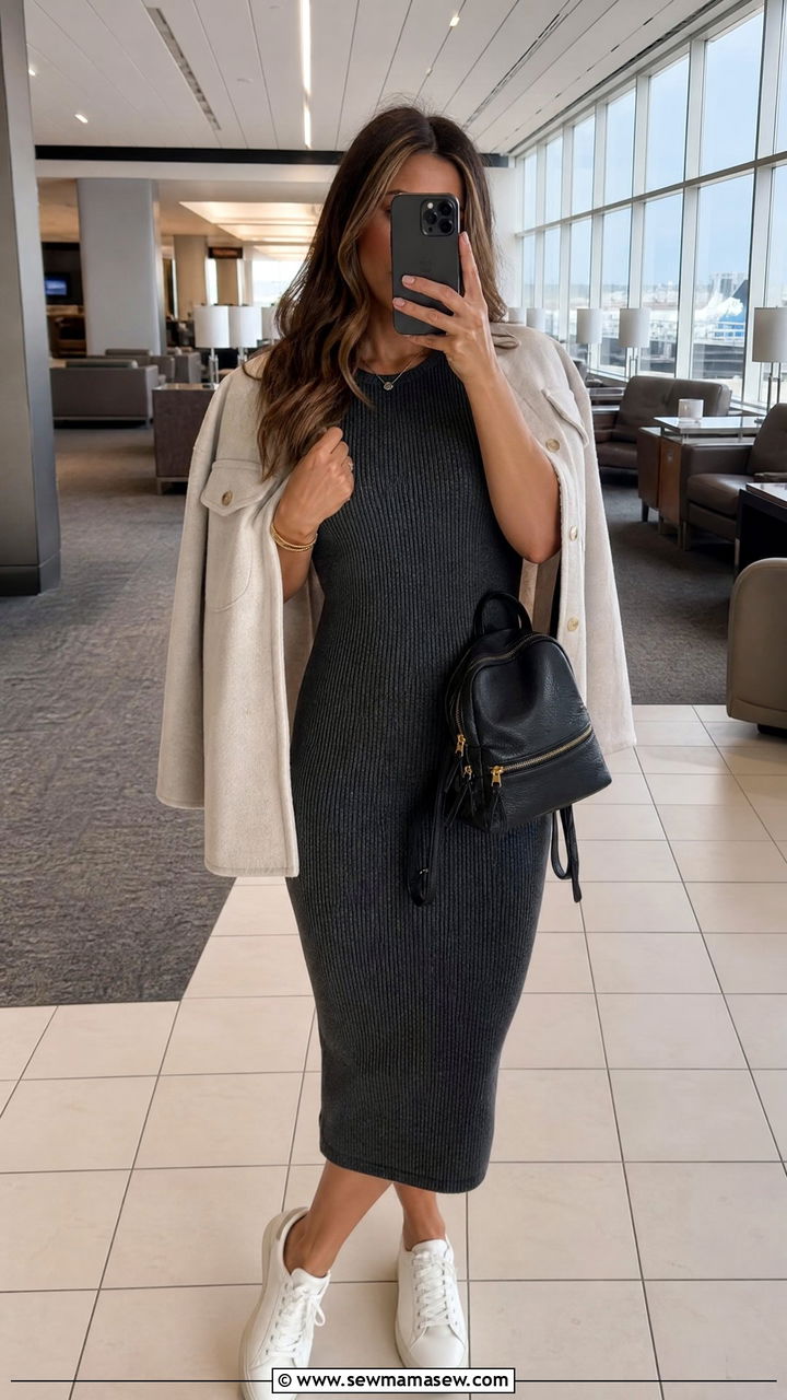 Ribbed Knit Dress And Sneakers Airport Outfit - 30 Europe airport outfit ideas