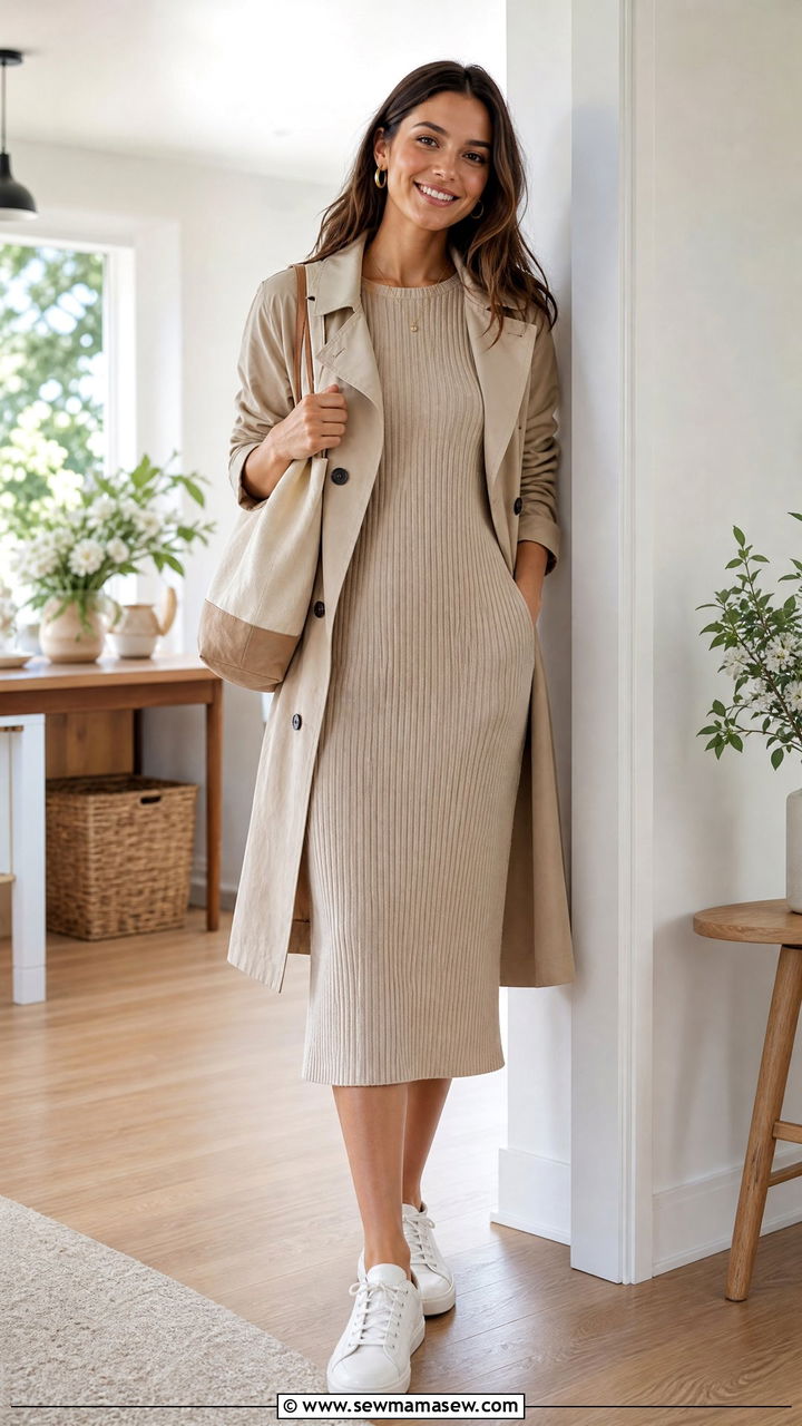 Ribbed Knit Dress And Sneakers Outfit For Housewarming Party - 35 Housewarming party outfit ideas