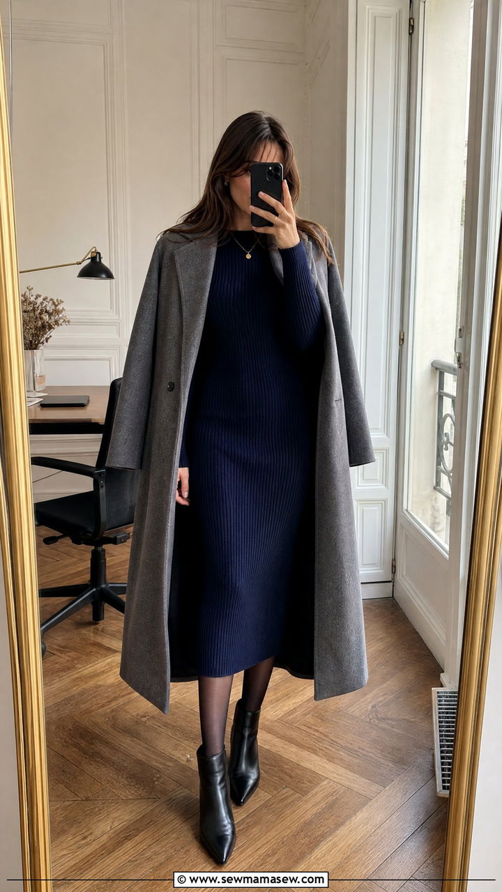 Ribbed Knit Dress With Ankle Boots - 30 French girl outfit ideas for work
