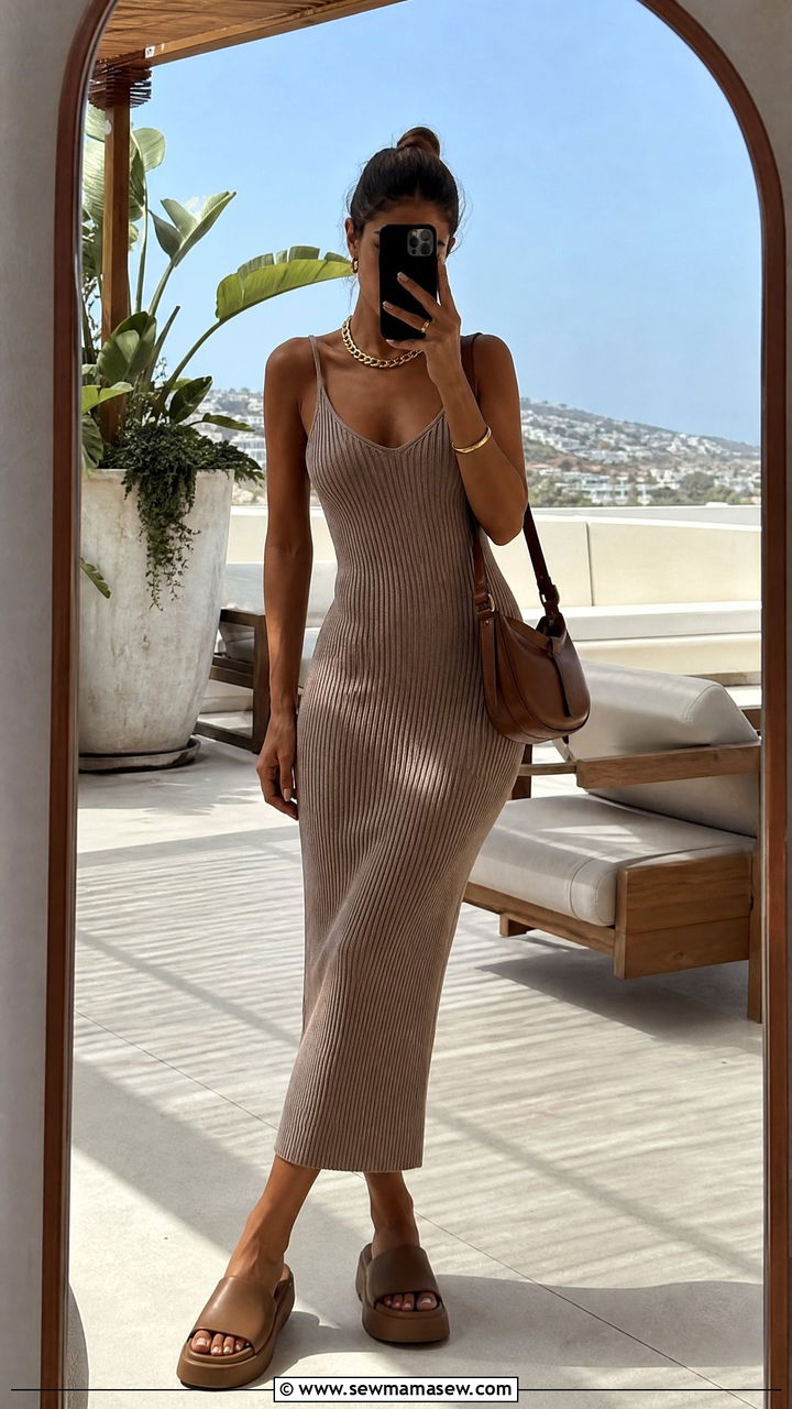Ribbed Knit Dress With Chunky Sandals Outfit - 30 summer resort outfit ideas