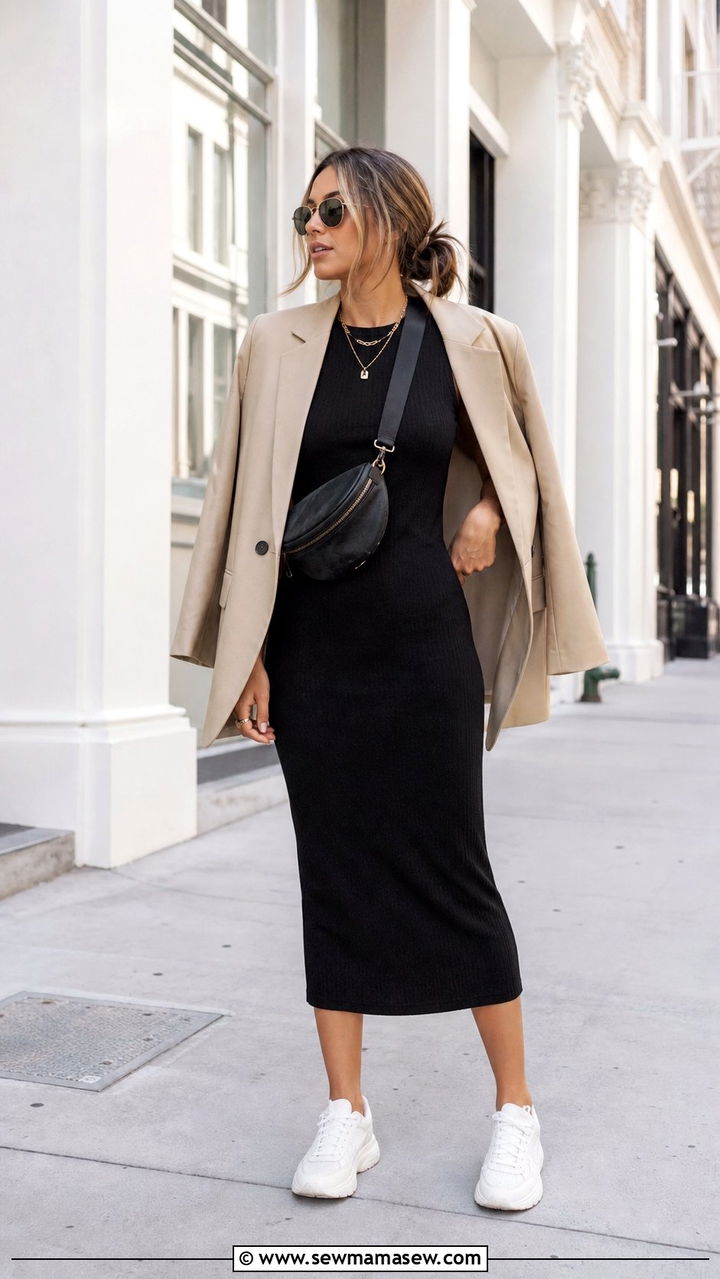 Ribbed Knit Dress With Chunky Sneakers And An Oversized Blazer - 25 classy streetwear outfits