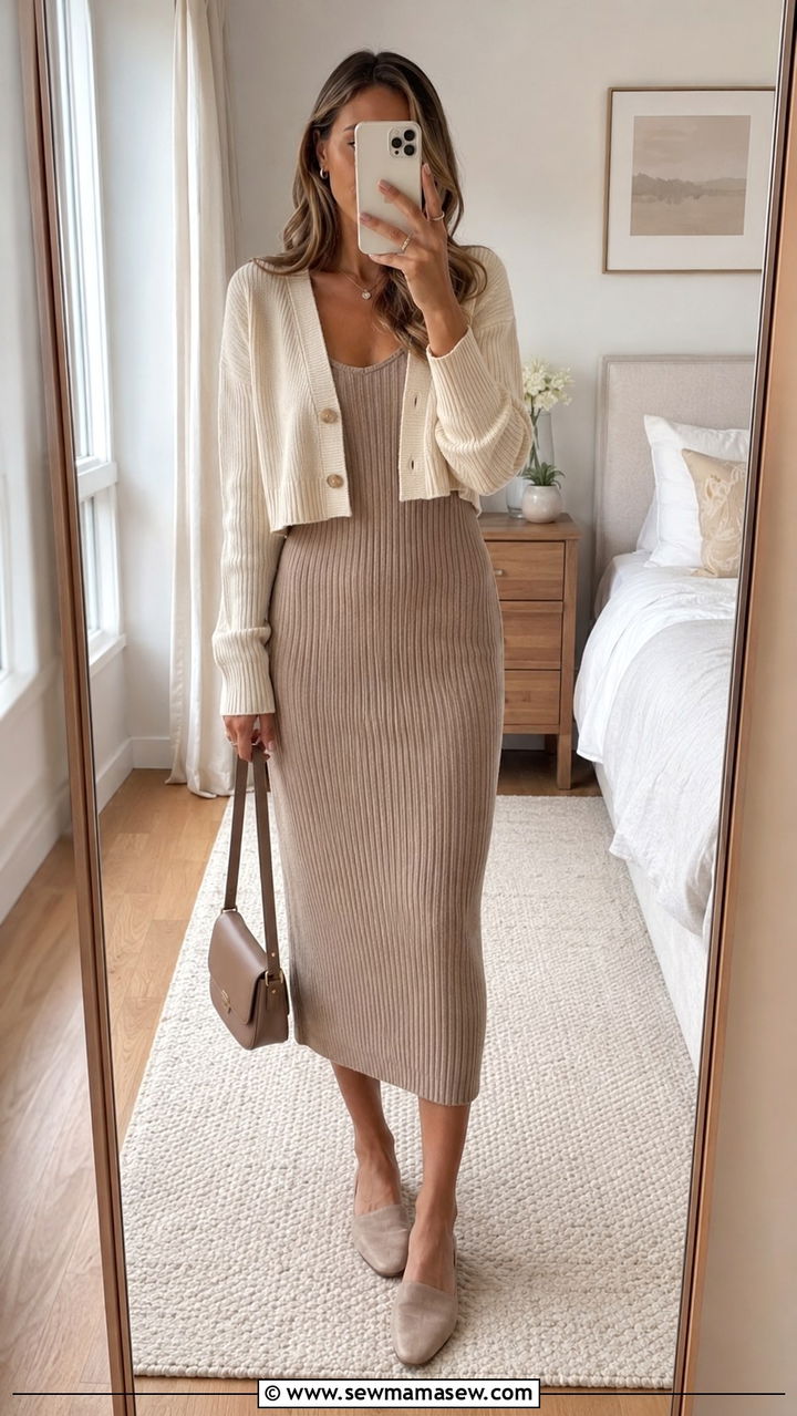 Ribbed Knit Dress With Cropped Cardigan And Mules - 30 Warm day cold night outfits