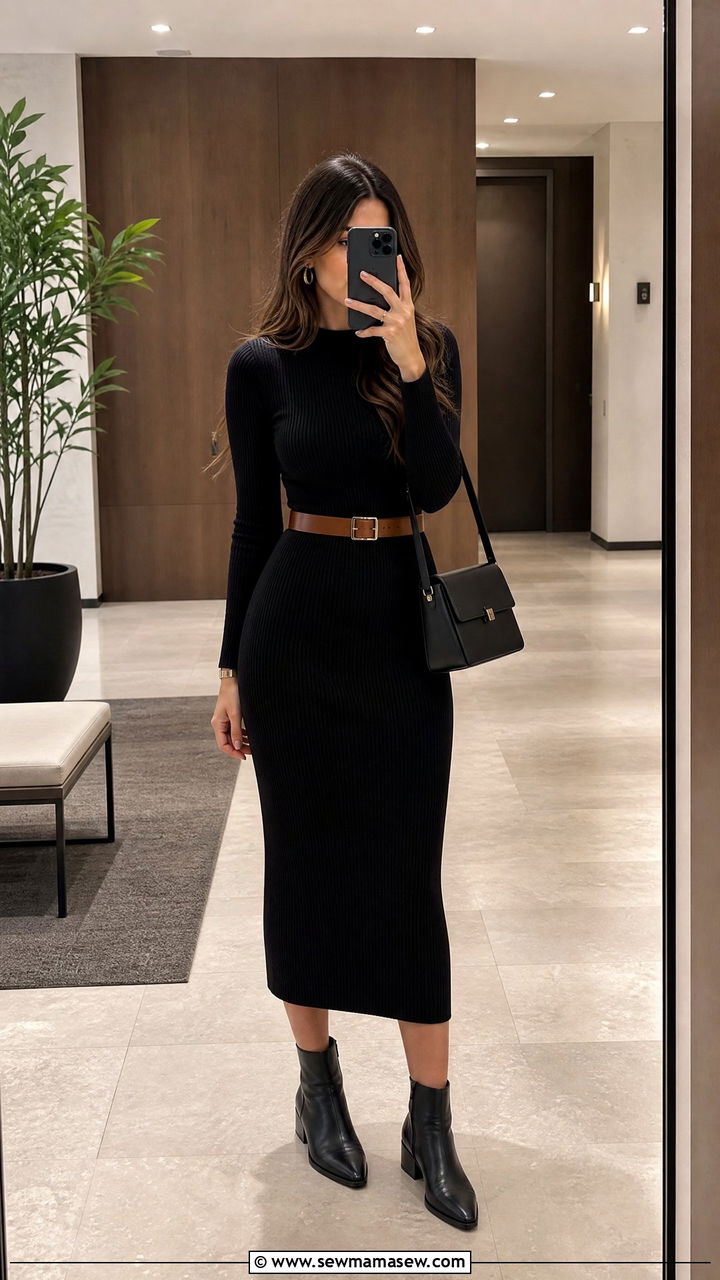 Ribbed Knit Dress With Leather Belt And Ankle Boots - 35 Modern office outfit ideas
