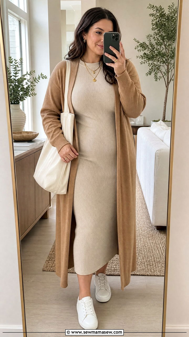 Ribbed Knit Dress With Long Cardigan - 30 classy outfits for curvy women