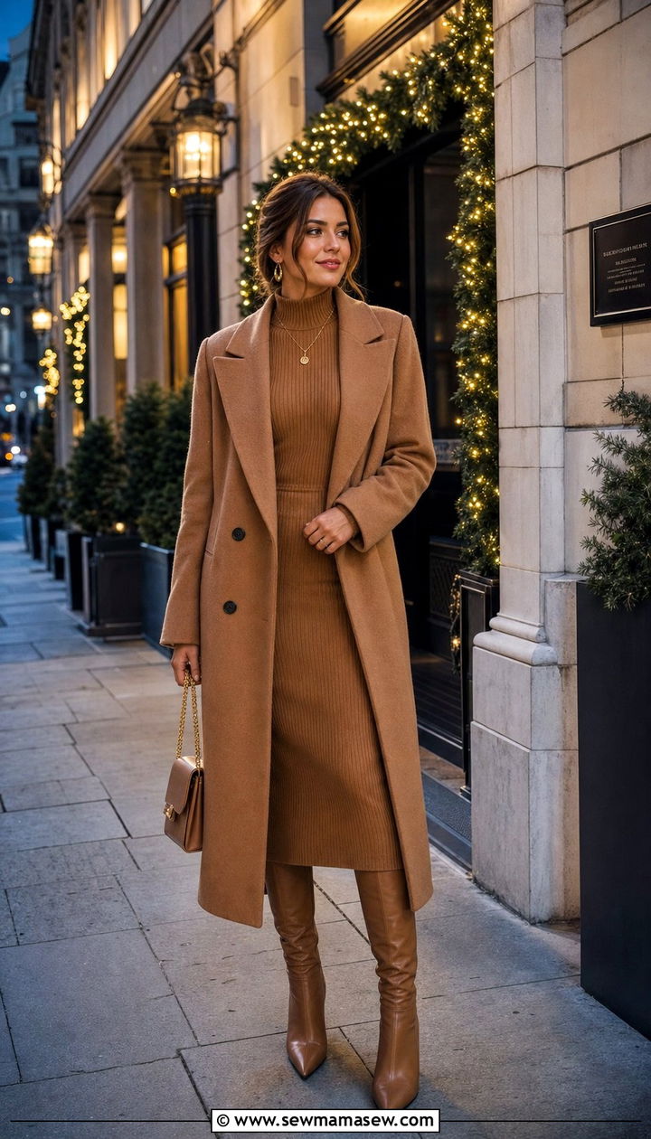 Ribbed Knit Dress With Long Wool Coat - 35 Birthday dinner outfit ideas
