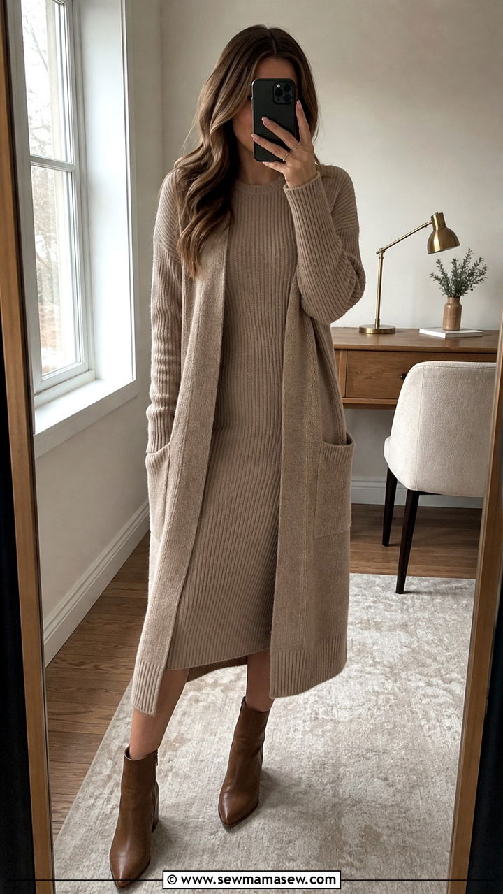 Ribbed Knit Dress With Longline Cardigan And Ankle Boots - 40 casual work outfits