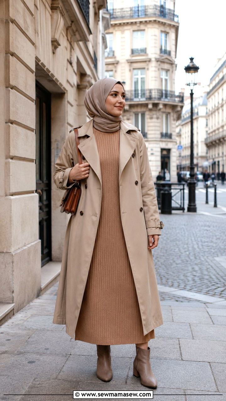 Ribbed Knit Dress With Trench Coat And Ankle Boots - 30 Modest travel outfit ideas
