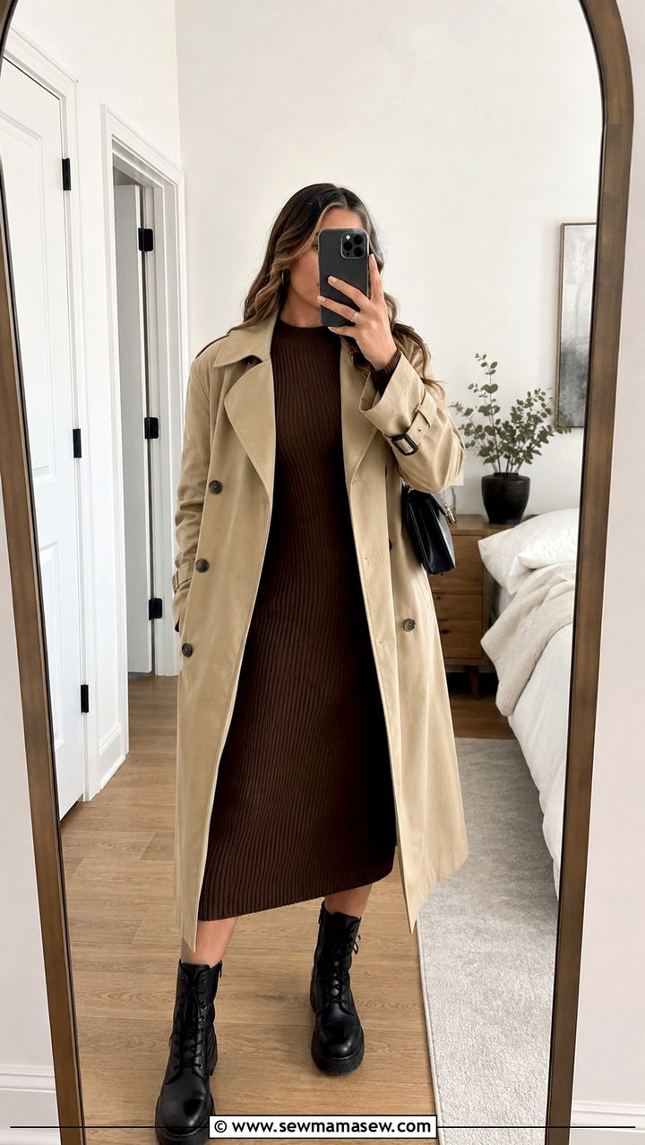 Ribbed Knit Dress With Trench Coat And Combat Boots - 30 transitional outfits inspo