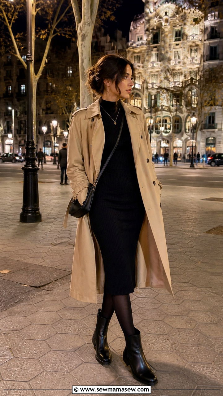 Ribbed Knit Dress With Trench Coat And Crossbody Bag - 40 What to wear in Barcelona