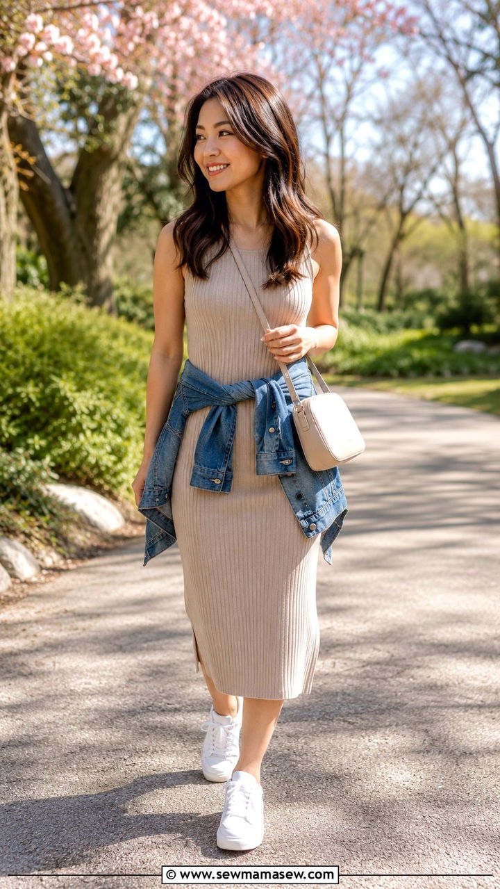 Ribbed Knit Dress With White Sneakers Petite Outfit - 25 Petite spring capsule wardrobe