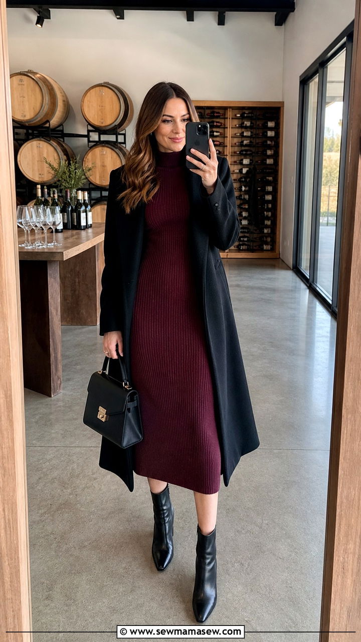 Ribbed Knit Dress and Ankle Boots - 40 All wine outfit ideas