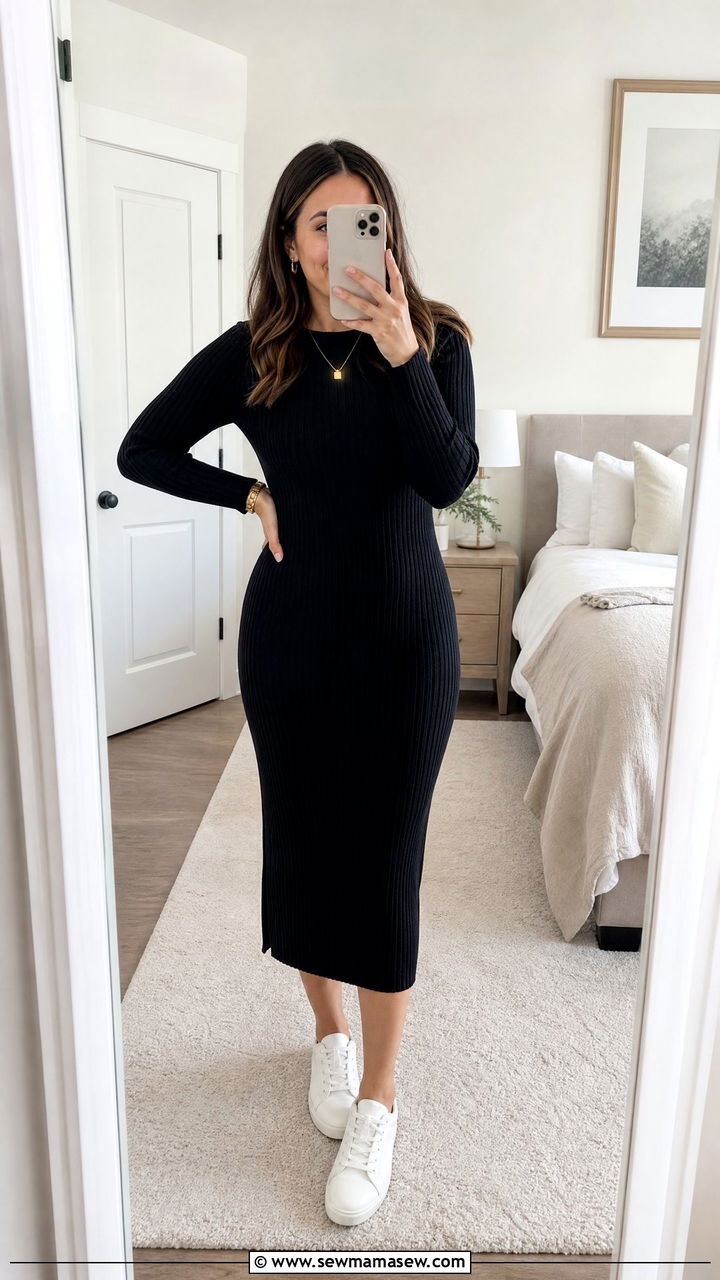 Ribbed Knit Dress and White Sneakers - 30 Outfit ideas for stay at home moms