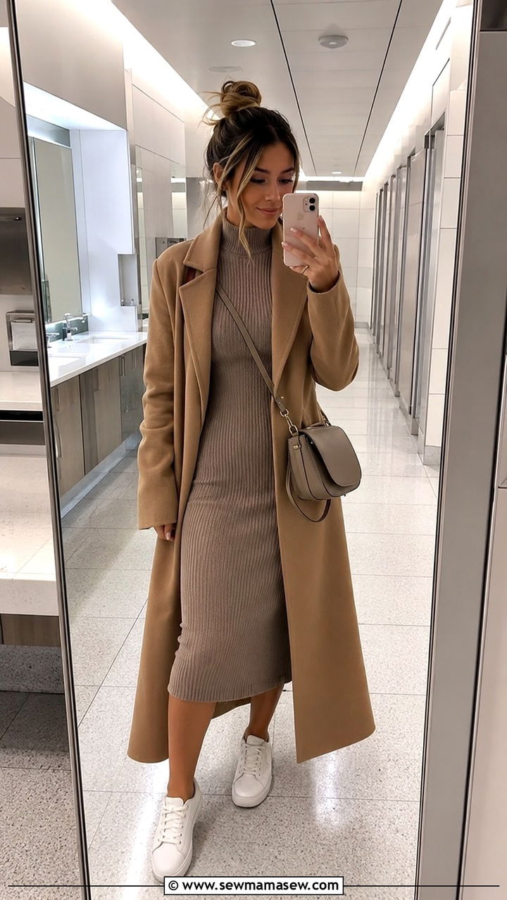 Ribbed Knit Dress and White Sneakers Airport Outfit - 25 Airport outfit ideas for short flight