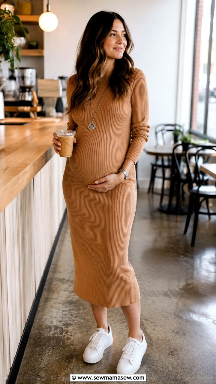 Ribbed Knit Dress and White Sneakers Outfit - 20 Maternity outfit ideas second trimester