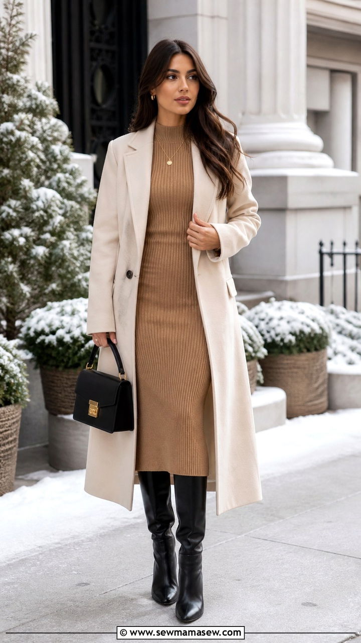 Ribbed Knit Dress with Knee High Boots - 40 clean girl outfits