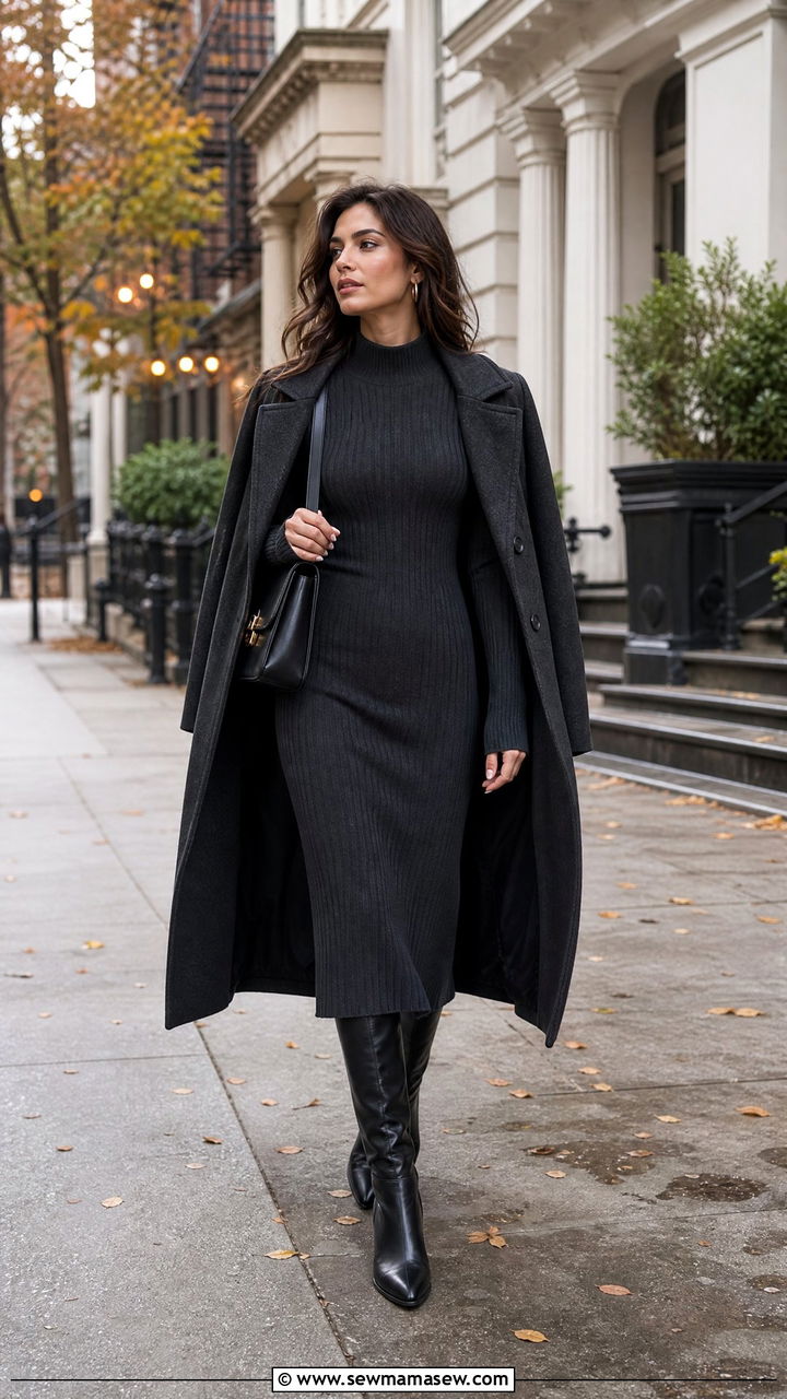 Ribbed Knit Dress with Knee High Leather Boots - 25 Quiet luxury outfit ideas for travel