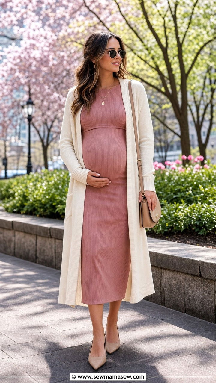 Ribbed Knit Dress with Long Cardigan - 25 spring outfits for pregnant women
