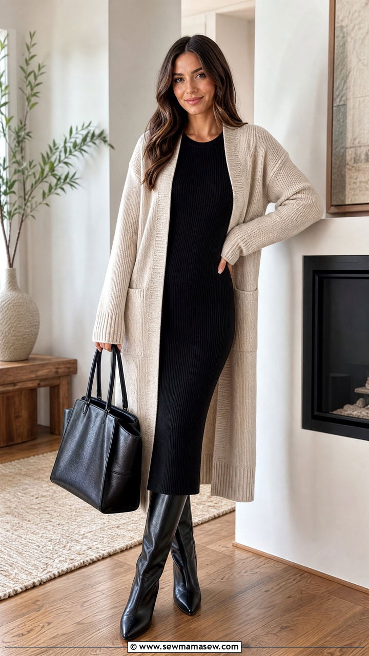 Ribbed Knit Dress with Long Cardigan and Knee High Boots - 25 casual classy outfits