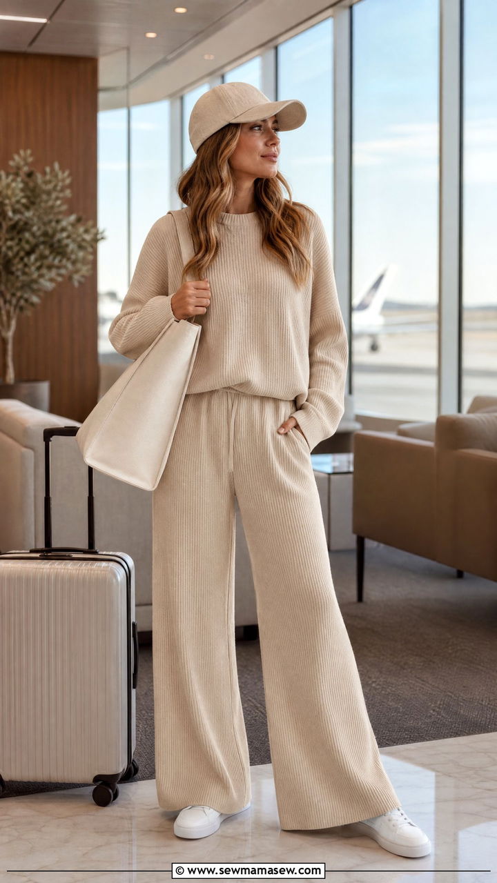 Ribbed Knit Lounge Set With White Sneakers Outfit - 30 Summer cozy outfit ideas